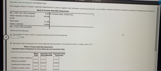 Equivalent Units of Production and Related Costs The charges to Work in Process Assembly Department for a period, together wi