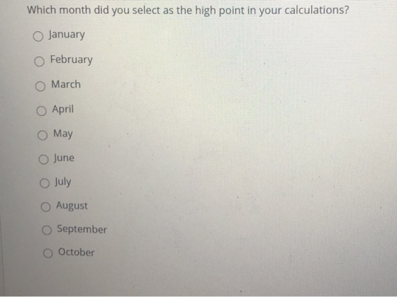 Which month did you select as the high point in your calculations? January February O March April ОMay O June July August Sep