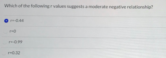 Which of the following r values suggests a moderate negative relationship? r=-0.44 r=0 r=-0.99 r=0.32