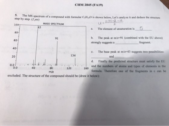 CHM 2845 (FA19) 5. The MS spectrum of a compound with formular C,H,O is shown below, Lets analyze it and deduce the structur