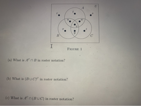 FIGURE 1 (a) What is AC n B in roster notation? (b) What is (BUC) in roster notation? (c) What is AC n(BUC) in roster notatio