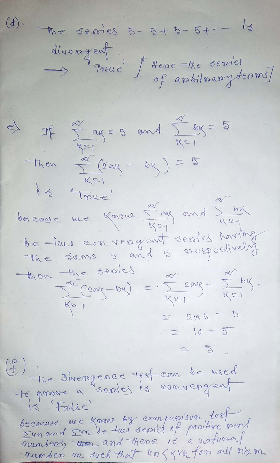 (d). the The sessies series. 5 5 & th- 5+ -- 15 divergent Troue I Here the sessies of arbitrassy terms] e If then Fax = 5 and
