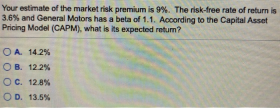 Your estimate of the market risk premium is 9%. The risk-free rate of return is 3.6% and General Motors has a beta of 1.1. Ac
