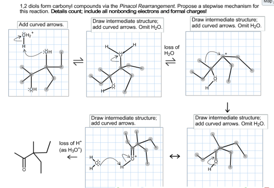 Map 1,2 diols form carbonyl compounds via the Pinacol Rearrangement. Propose a stepwise mechanism for this reaction. Details