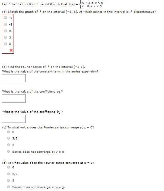 Let f be the function of period 6 such that F(x) = ch that Fx10-35x< ch that X, OSX<3 (a) Sketch the graph of F on the interv