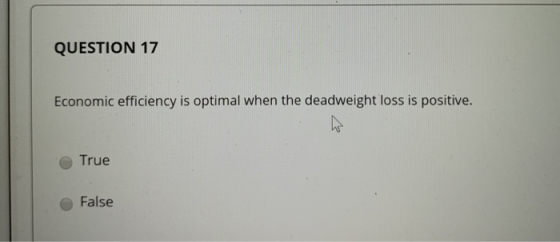 QUESTION 17 Economic efficiency is optimal when the deadweight loss is positive. True False
