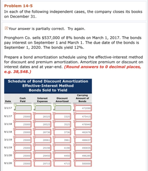 Problem 14-5 In each of the following independent cases, the company closes its books on December 31. Your answer is partially correct. Try again Pronghorn Co. sells $537,000 of 8% bonds on March 1, 2017, The bonds pay interest on September 1 and March 1. The due date of the bonds is September 1, 2020, The bonds yield 12% Prepare a bond amortization schedule using the effective-interest method for discount and premium amortization. Amortize premium or discount on interest dates and at year-end. (Round answers to O decimal places, e.g. 38,548.) Schedule of Bond Discount Amortization Effective-Interest Method Bonds Sold to Yield Cash Paid Amount of Date ExpenseDiscountCarrying zedBonds 472090 25000 28325 3325 475415 25000 28525 3525 478940 25000 28736 3736 482676 25000 28961 3961 486637 25000 29198 4198 490835 3/1/20 25000 29450 4450 496285 9/1/20 25000 29715 4715 500000