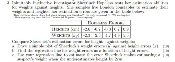 3. Inimitably instinctive investigator Sheerluck Hopeless tests her estimation abilities for weights against heights. She sam