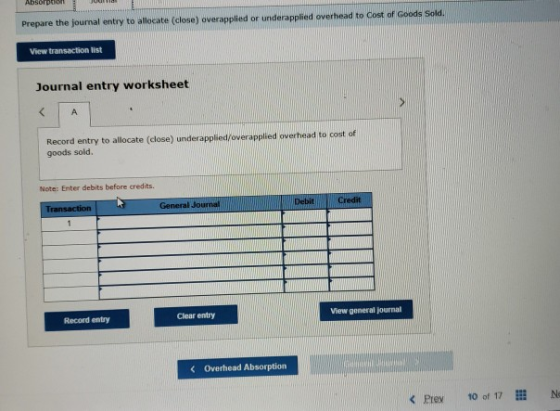 Prepare the journal entry to allocate (close) overapplied or underapplied overhead to cost of Goods Sold. View transaction li