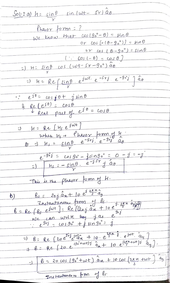 Sov: a) ha sino sin lut - Solo Phasor form = ? we know that cos190°-o) = sino or cos [-10-90°)) = sino cos Lo-go = sino ( 8 ی