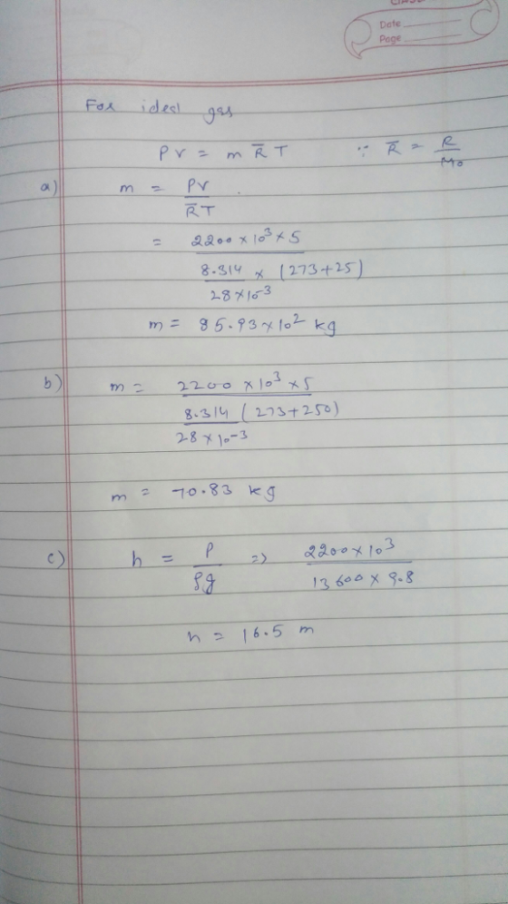 Date Page Fe스 ideal o) 8.314 (273-+25) b) Tn 8-31g (273+25) 2-8 1-3 m 스 -0.83 kg 5 h16.5 m