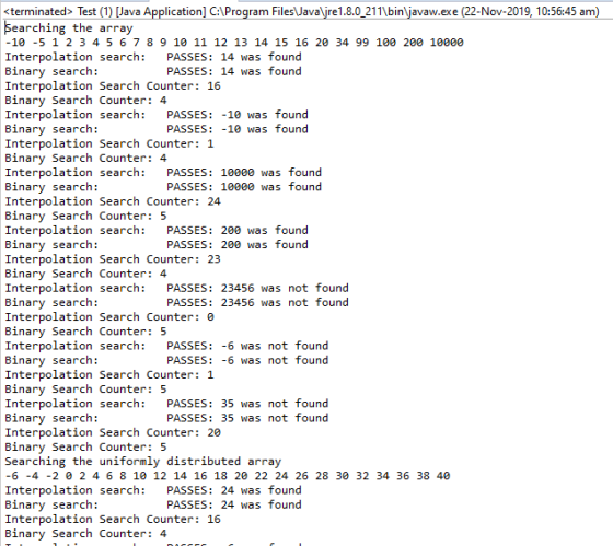 <terminated Test (1) [Java Application] C:\Program Files\ava\jre1.8.0_211\bin\javaw.exe (22-Nov-2019, 10:56:45 am) Searching
