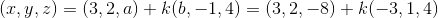 (x, y, z) = (3,2, a) + k (6,-1, 4) =(3, 2, -8) +k(-3,1,4)