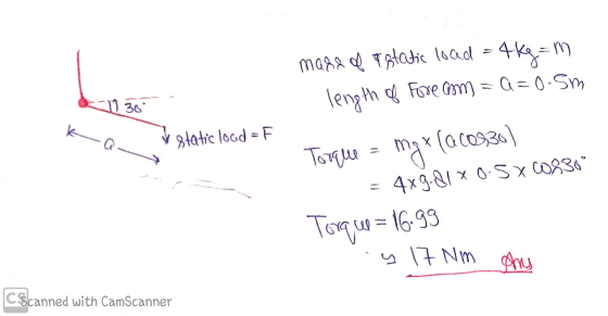 mars of estatic load = 4kg=m length of Fore am=a=0.5m 361 static load =F Torque = mgr (ac03:30) = 4x9.21*0.5 x 20836 Torque =