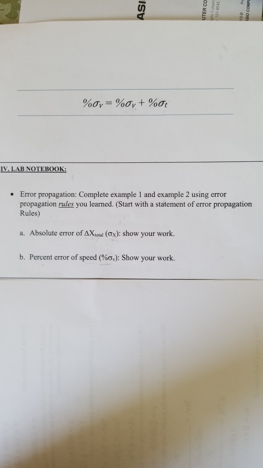 ASI UTER CO 151-8543 P SIO COMP TO-B %ov = %0y + %ot IV. LAB NOTEBOOK: • Error propagation: Complete example 1 and example 2