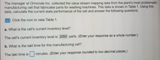 The manager at Ormonde Inc. collected the value stream mapping data from the plants most problematic manufacturing cell that