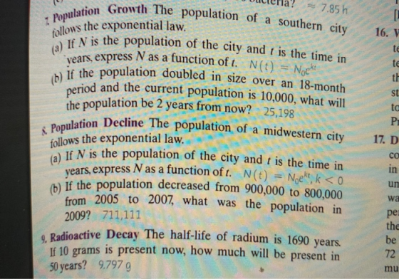 = 7.85 h z Population Growth The population of a southern city follows the exponential law. If N is the population of the cit