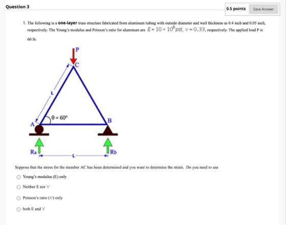 Question 3 0.5 points Save Answer 1. The following is a one-layer truss structure fabricated from aluminum tubing with outsid