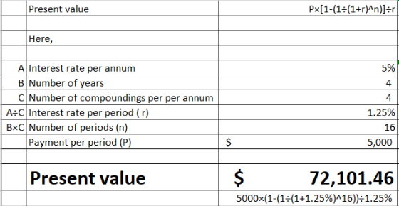 Present value Px[1-(1:(1+r)^n)]=r Here, A Interest rate per annum B Number of years C Number of compoundings per per annum A: