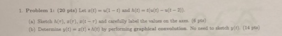 1. Problem 1: (20 pts) Let 3(t) = u(1 – t) and h(t) = tſu(t) - t - 2)). (a) Sketch h(t), 3(1), 2(t - T) and carefully label t