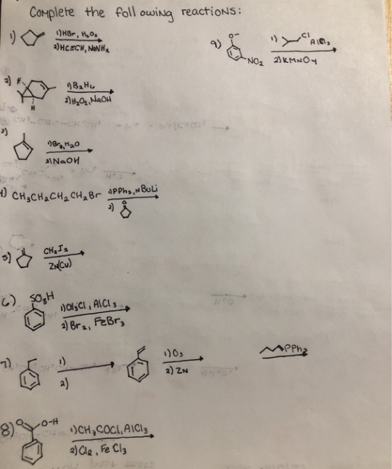 Complete the following reactions: 1)HBrHos a)HCECH, NON Hz 9 اعلا( AIN, NO2 2)KMNO4 B₂H, 21H, NaOH >) 98,,M20 alNaOH 0 CH₃C