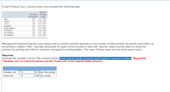 Furlan Printing Corp., a book printer, has provided the following data: Titles Printed 26 27 Press Setup Cost $3,385 $3,418 $