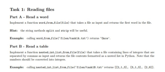 Task 1: Reading files Part A - Read a word Implement a function word from.file(file) that takes a file as input and returns t
