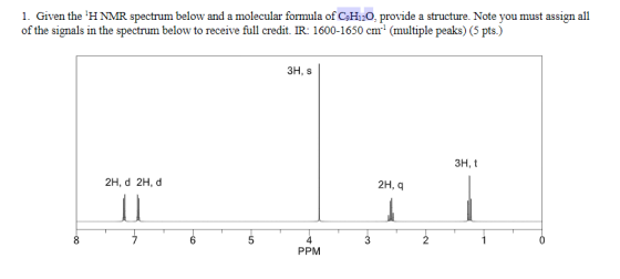 1. Given the H NMR spectrum below and a molecular formula of C:H:20, provide a structure. Note you must assign all of the si