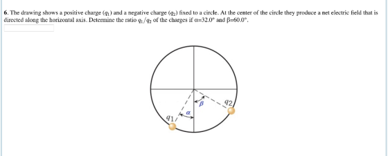 6. The drawing shows a positive charge ( and a negative charge (g2) fixed to a circle. At the center of the circle they produce a net electric field that is directed along the horizontal axis. Determine the ratio 11/g2 of the charges if α 32.0° and β-600 42 41/