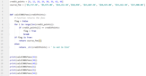 credit_points = [6, 12, 18, 24, 30, 36, 42, 48] course_fee = [$4,737.50, $9,475.00, $14,212.50, $18,950, $23,687.50,