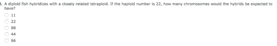 . A diploid fish hybridizes with a closely related tetraploid. If the haploid number is 22, how many chromosomes would the hybrids be expected to have? O 11 O 22