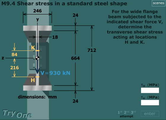 24 M9.4 Shear stress in a standard steel shape scenes 246 For the wide flange beam subjected to the indicated shear force V,