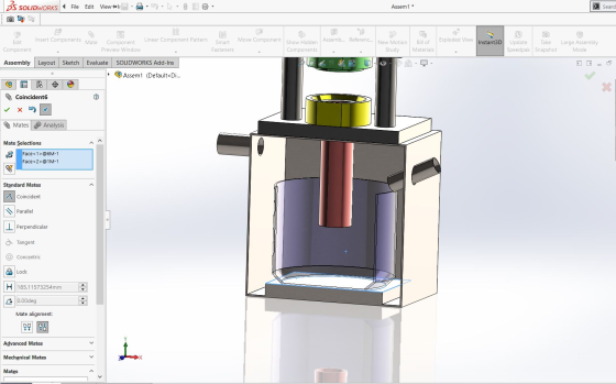 3S SOLIDWORKS File Edit View II Assem1* > Seard Insert Components Mate Linear Component Pattern Assemb... Referenc... Explode