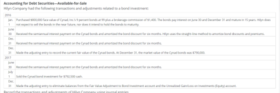 Accounting for Debt Securities–Available-for-Sale Hilyn Company had the following transactions and adjustments related to a b