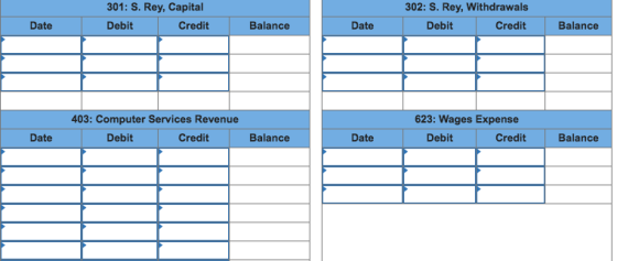 301: S. Rey, Capital Debit 302: S. Rey, Withdrawals Credit Date Credit Balance Date Debit Balance 403: Computer Services Revenue 623: Wages Expense Date Debit Credit Balance Date Debit Credit Balance
