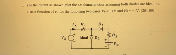 1. For the circuit as shown, plot the i-v characteristics assuming both diodes are ideal, i.e. ix as a function of vx, for th