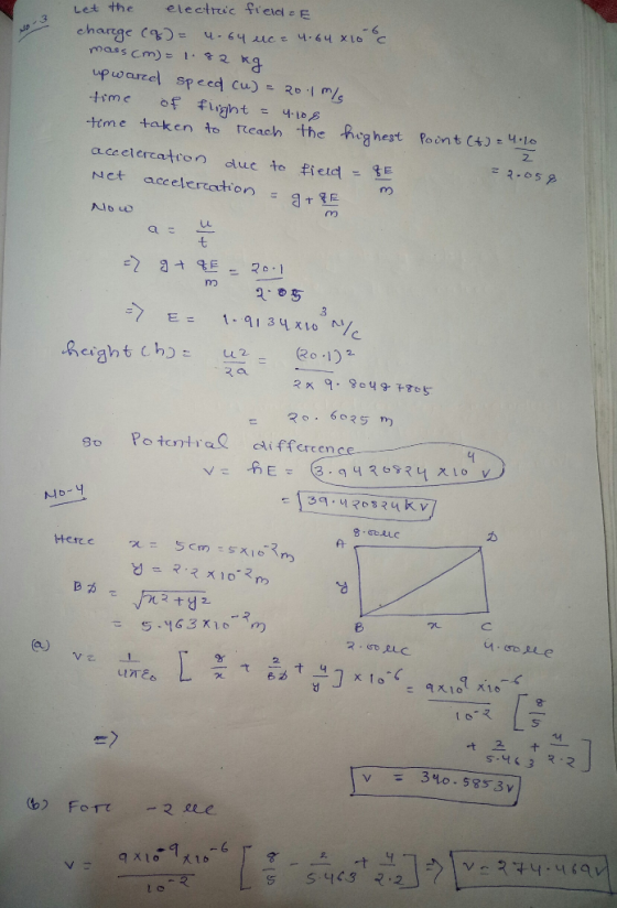 Let the electric field-E charge (q) = 4.64 uc= 4.64 x 10 °C mass cm) = 1.92 kq upward speed cu) = 20.1 m/s time of flight = 4