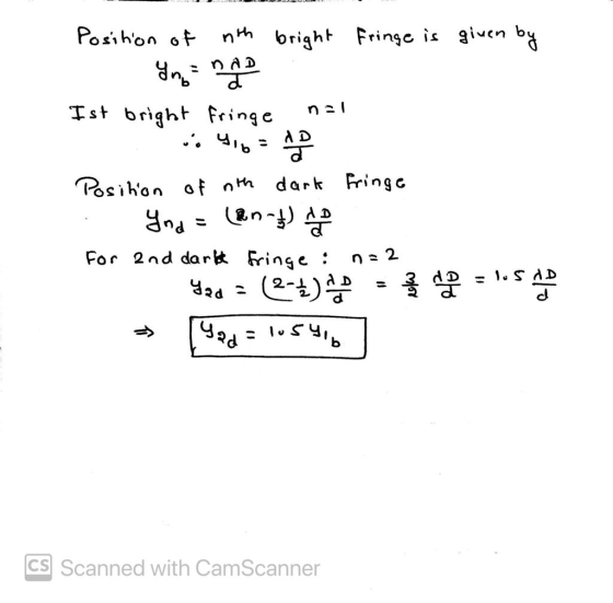 on nad na1 Position of nth bright Fringe is given by d Ist bright Fringe ... 4,6 = 40 Position of nth dark fringe Ind = (B0-3