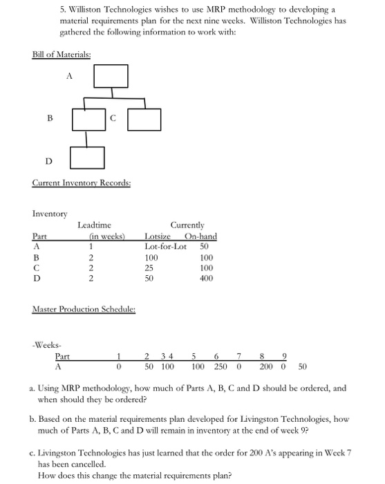5. Williston Technologies wishes to use MRP methodology to developing a material requirements plan for the next nine weeks. W