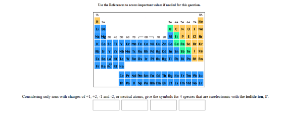 Use the References to access important values if needed for this question. 8A 2A 3A 4A 5A 6A TA He Li |Be K Ca ScTi VCrMn Fe CoNi Cu Zn G G Se Br Kr Cs Ba La Hf Ta W Re Os Ir Pt Au HgPb Bi Po At Rn Considering only ions with charges of-1-2-1 and-2 or neutral atoms, give the symbols for 4 species that are isoelectronic with the iodide ion.「