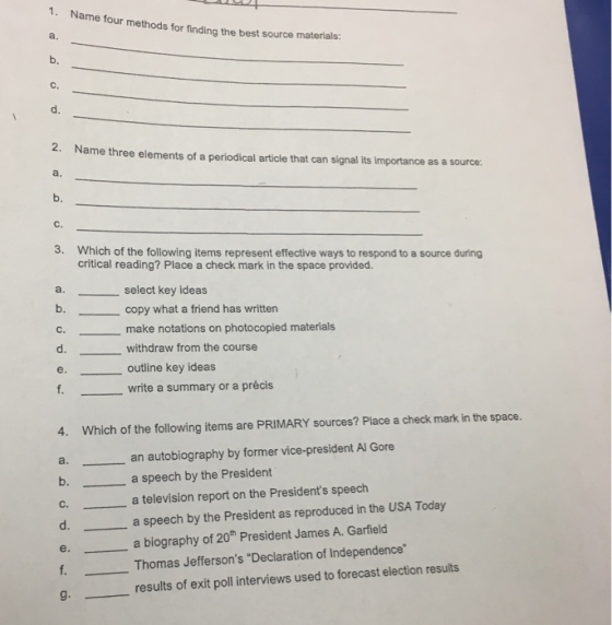 1. Name four methods for finding the b me tour methods for finding the best source materials: Name three elements of a period
