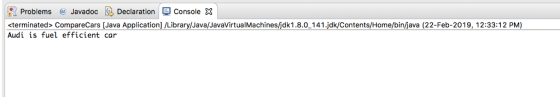Problems @ Javadoc 다 Declaration console X <terminated> CompareCars [Java Application] /Library/Java/JavaVirtualMachines/jdk1