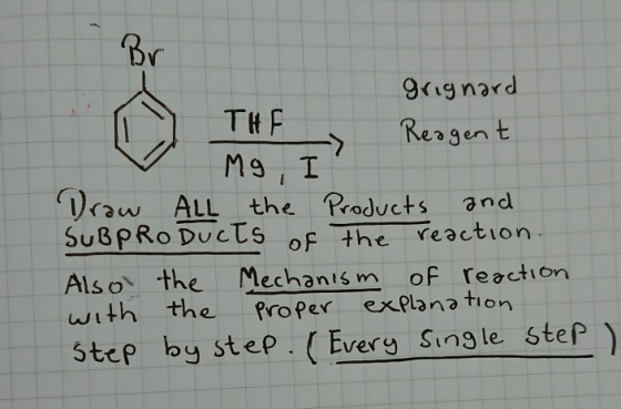 THE grignard Reagent Mg, I Draw ALL the Products and SUBPRODUCTS of the reaction. Also the Mechanism of reaction with the pro