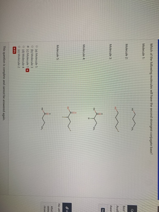 Which of the following molecules will have the second strongest conjugate base? Molecule 1: Molecule 2: Best Avail Molecule 3