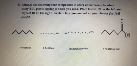 11. Arrange the following four compounds in order of increasing R, when using TLC plates similar to those you used. Place low