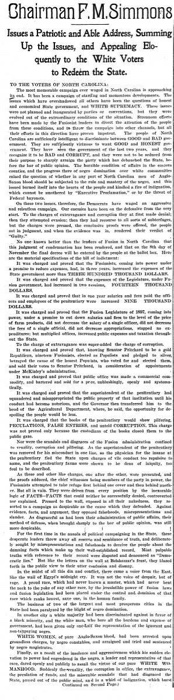 Chairman F.M.Simmons Issues a Patriotic and Able Address, Summing Up the issues, and Appealing Elo quently to the White Voter