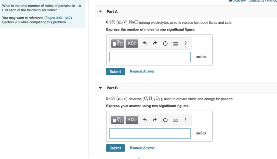 11 Review Constants I Period What is the total number of moles of particles in 1.0 Lof each of the following solutions? Part
