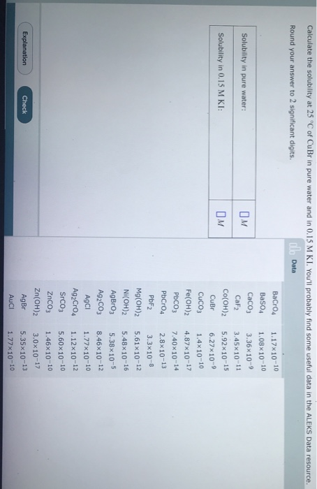 Calculate the solubility at 25 °C of CuBr in pure water and in 0.15 M KI. Youll probably find some useful data in the ALEKS