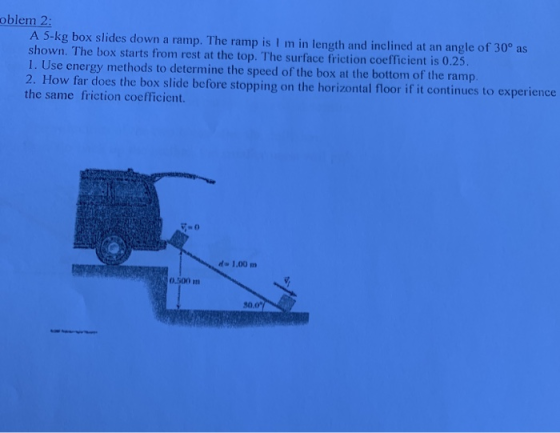 oblem 2: A 5-kg box slides down a ramp. The ramp is l m in length and inclined at an angle of 30° as shown. The box starts fr