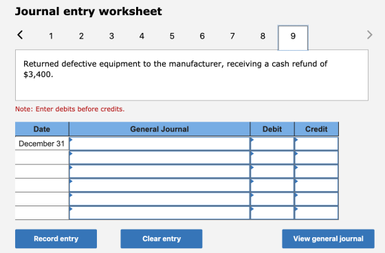Journal entry worksheet < 1 2 3 4 5 6 7 8 Returned defective equipment to the manufacturer, receiving a cash refund of $3,400